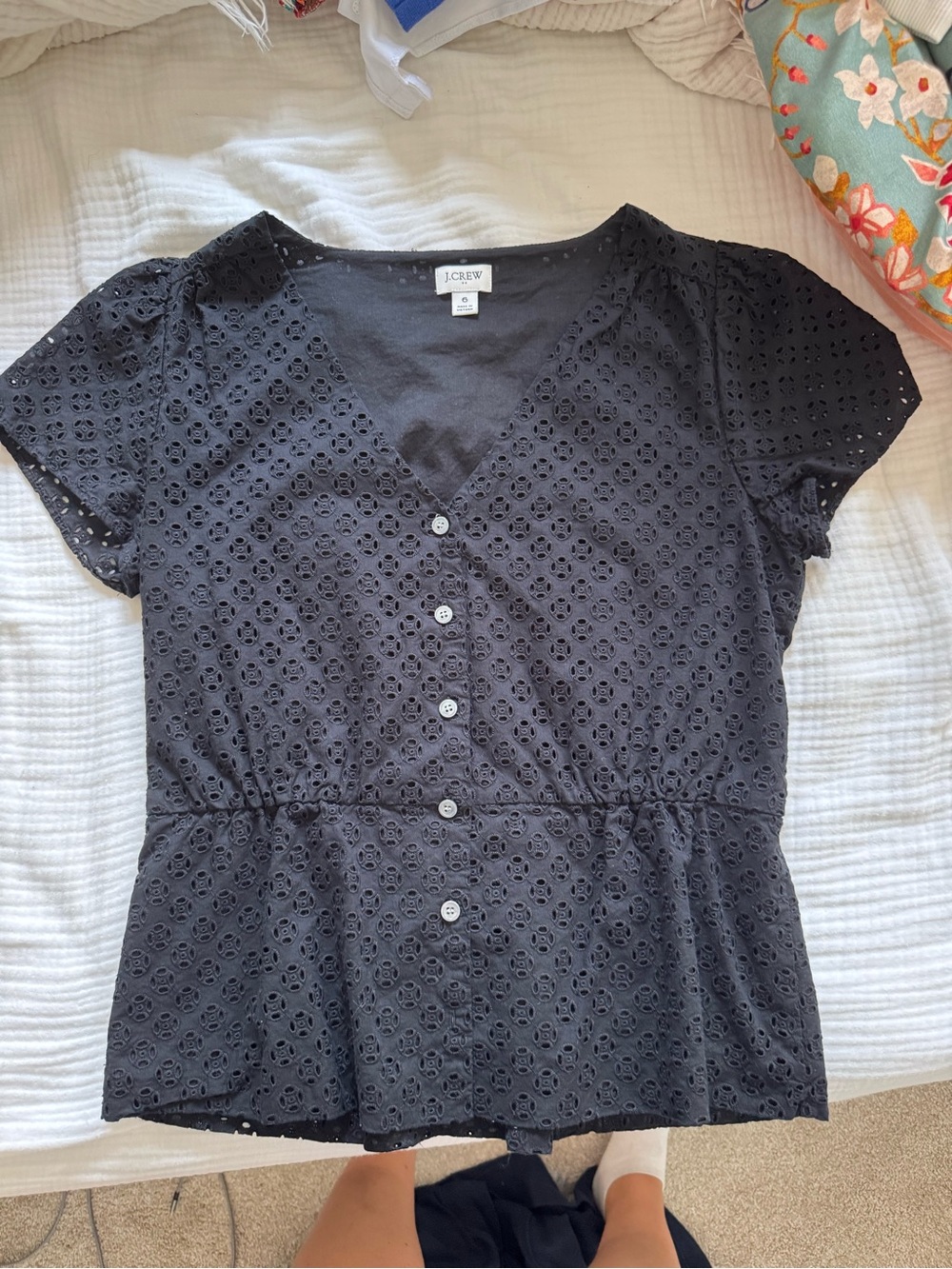 J. Crew peplum black eyelet top